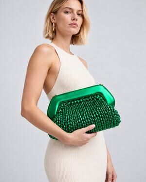 THEMOIRè Bios Knitted Metallic Green Vegan Leather Clutch Crossbody Bag Italy